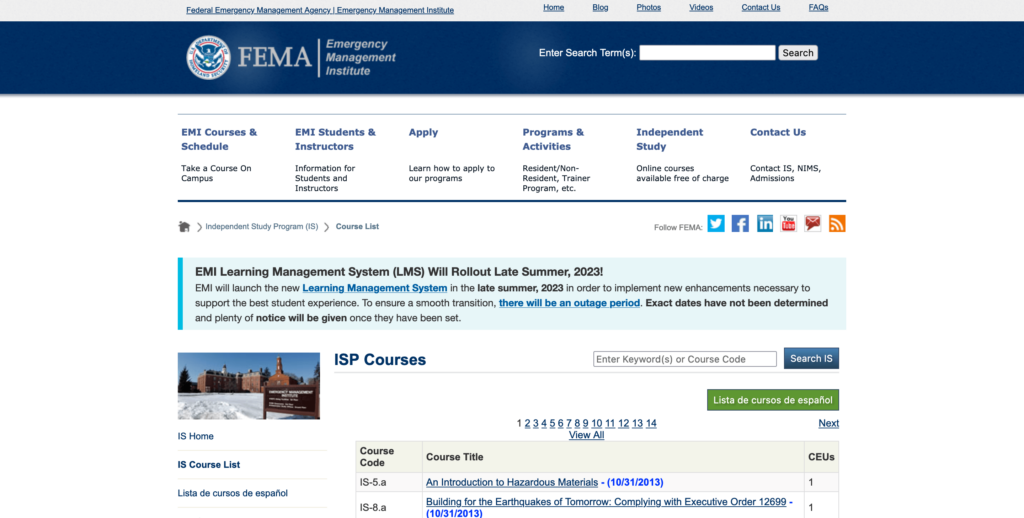 FEMA official IS course list
